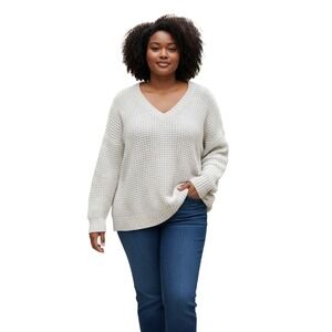 American Eagle Womens Oatmeal Oversized V-Neck Chunky Waffle Knit Sweater Size M